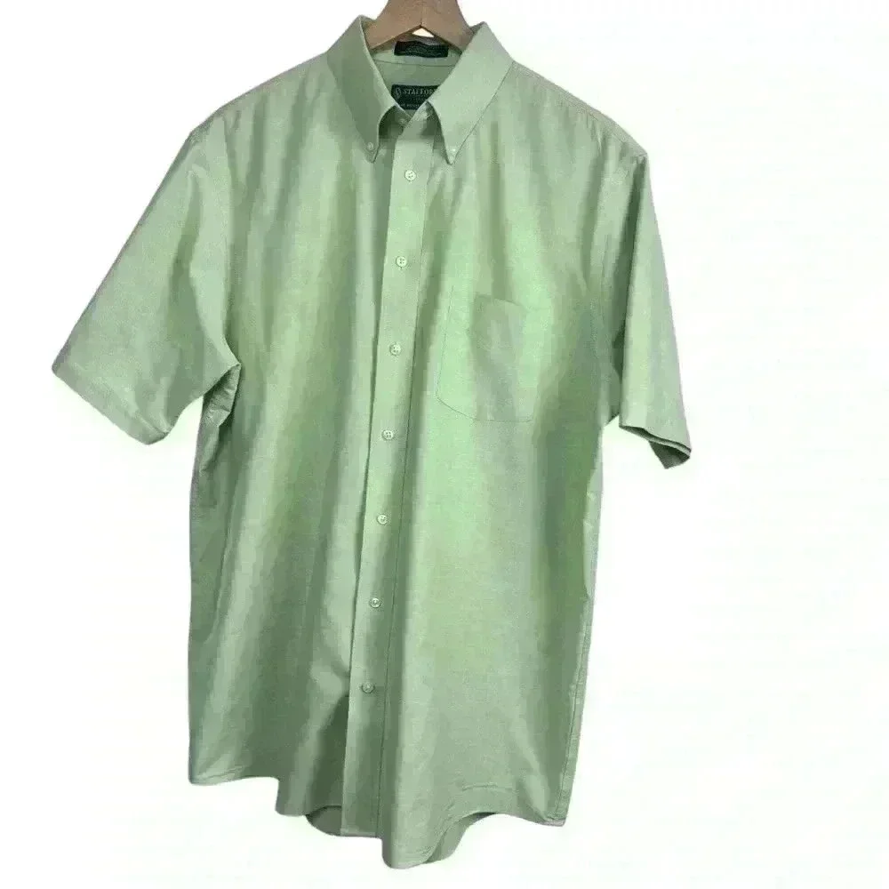 Stafford Essentials Cotton Blend Oxford Green Classic Fit | Size 16 1/2 - Picture 1 of 7